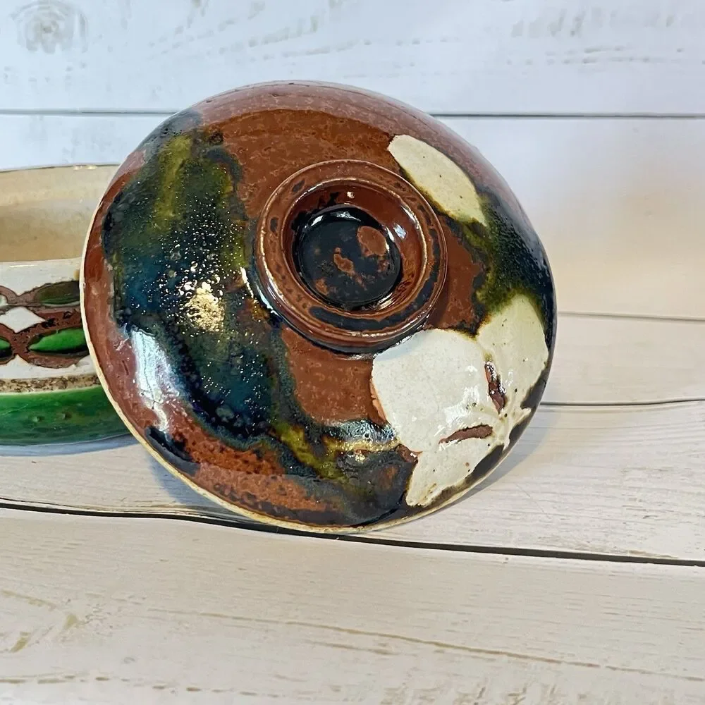 Mexican Lidded Handled Sopera Pottery Bowl Glazed Greens Browns Cream Handmade